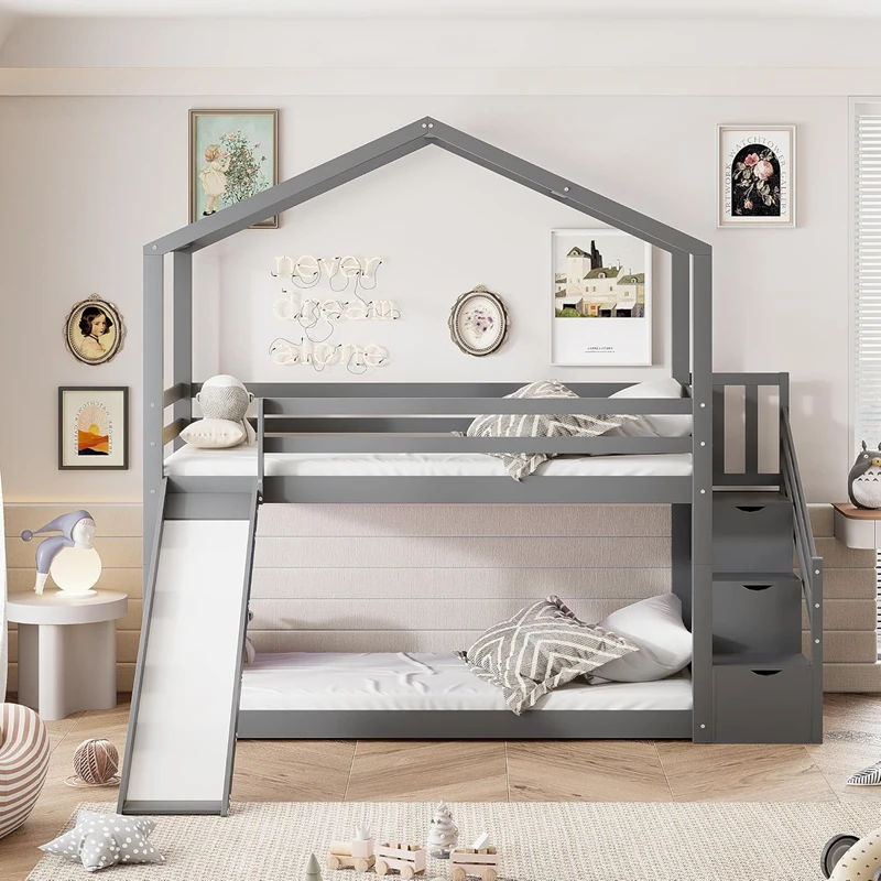 House-Shaped Pine Wood Kids Bunk Bed &ndash; Montessori Style Twin Platform Bed