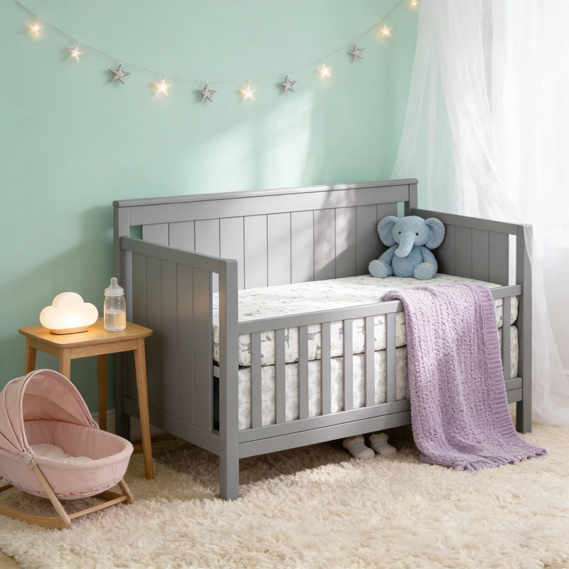 Modern Solid Wood Baby Cot with Adjustable Height & Convertible Design