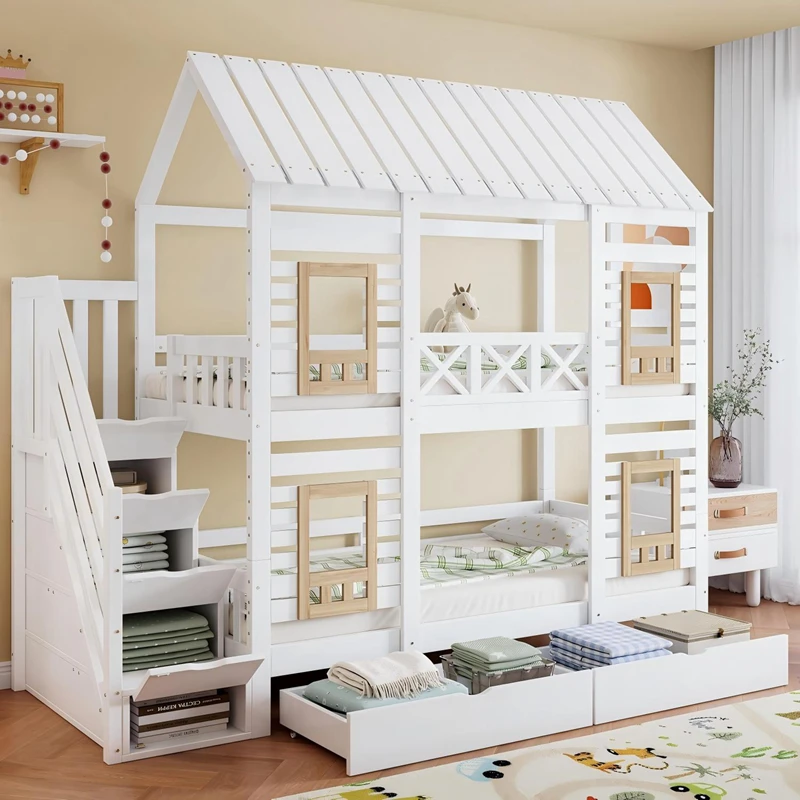 House-Shaped Pine Wood Kids Bunk Bed &ndash; Montessori Style Twin Platform Bed