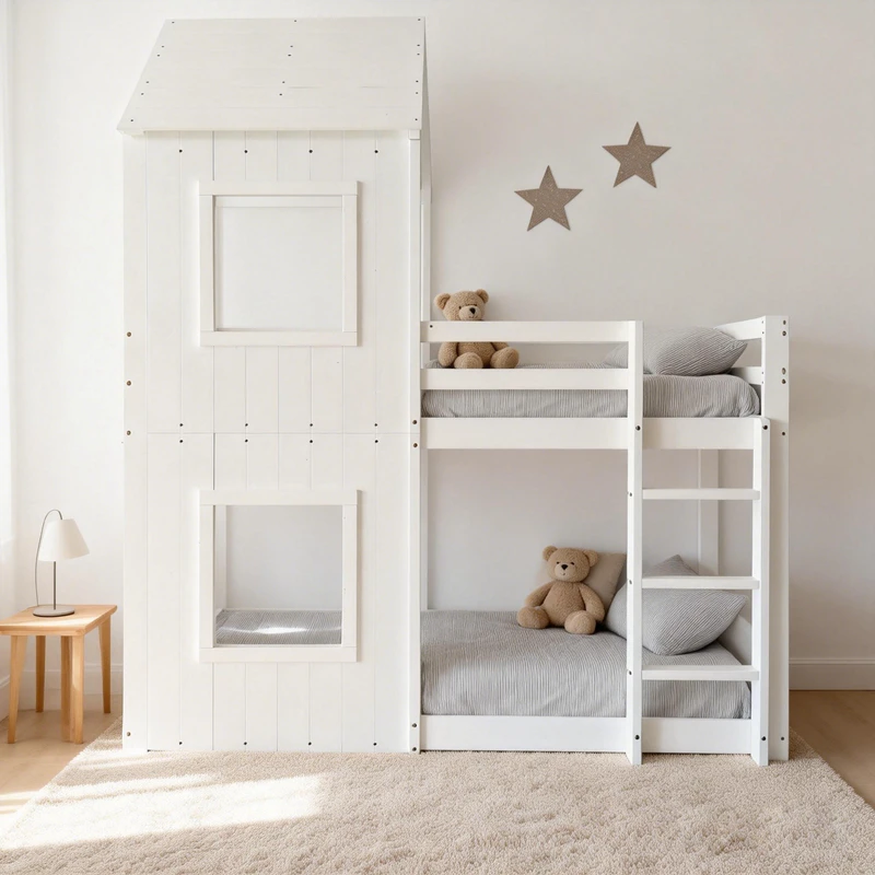 House-Shaped Pine Wood Kids Bunk Bed &ndash; Montessori Style Twin Platform Bed