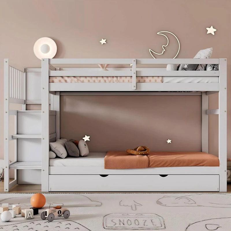 Solid Wood Bunk Bed with Storage Stairs for Kids | Twin over Twin