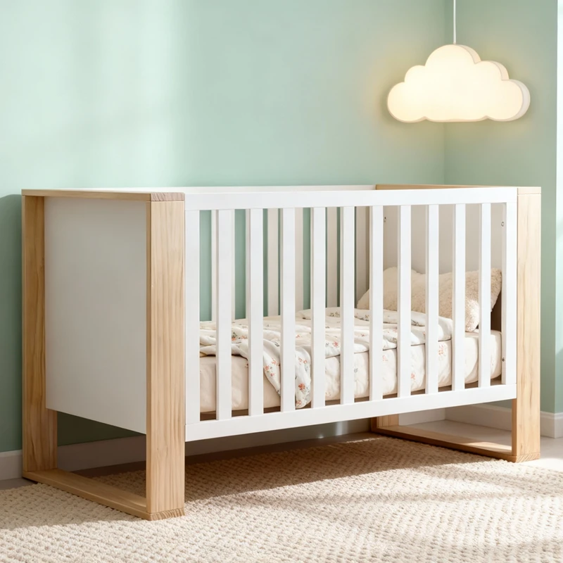 Modern Solid Wood Baby Cot with Adjustable Height & Convertible Design