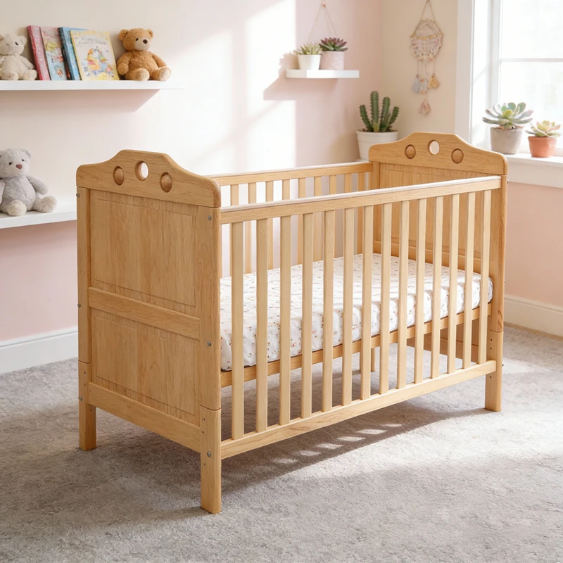 Modern Solid Wood Baby Cot with Adjustable Height & Convertible Design