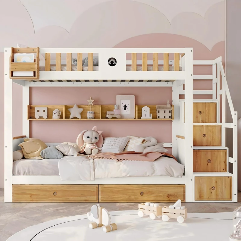 Solid Wood Bunk Bed with Storage Stairs for Kids | Twin over Twin