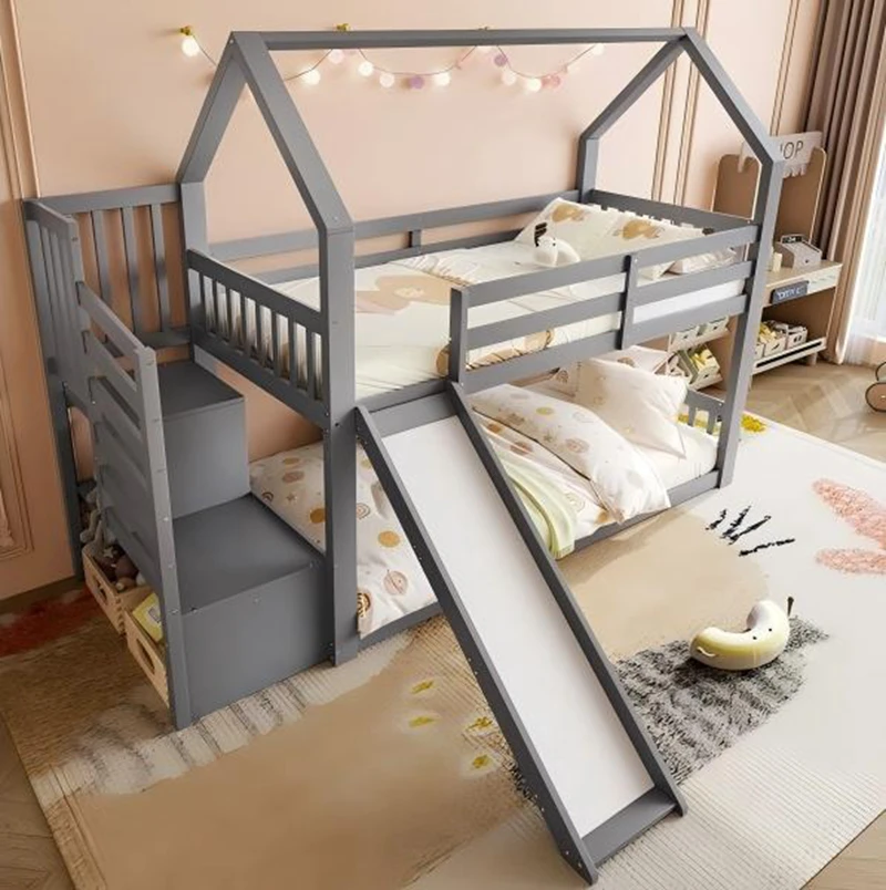 House-Shaped Pine Wood Kids Bunk Bed &ndash; Montessori Style Twin Platform Bed