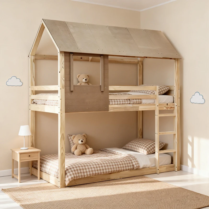 House-Shaped Pine Wood Kids Bunk Bed &ndash; Montessori Style Twin Platform Bed