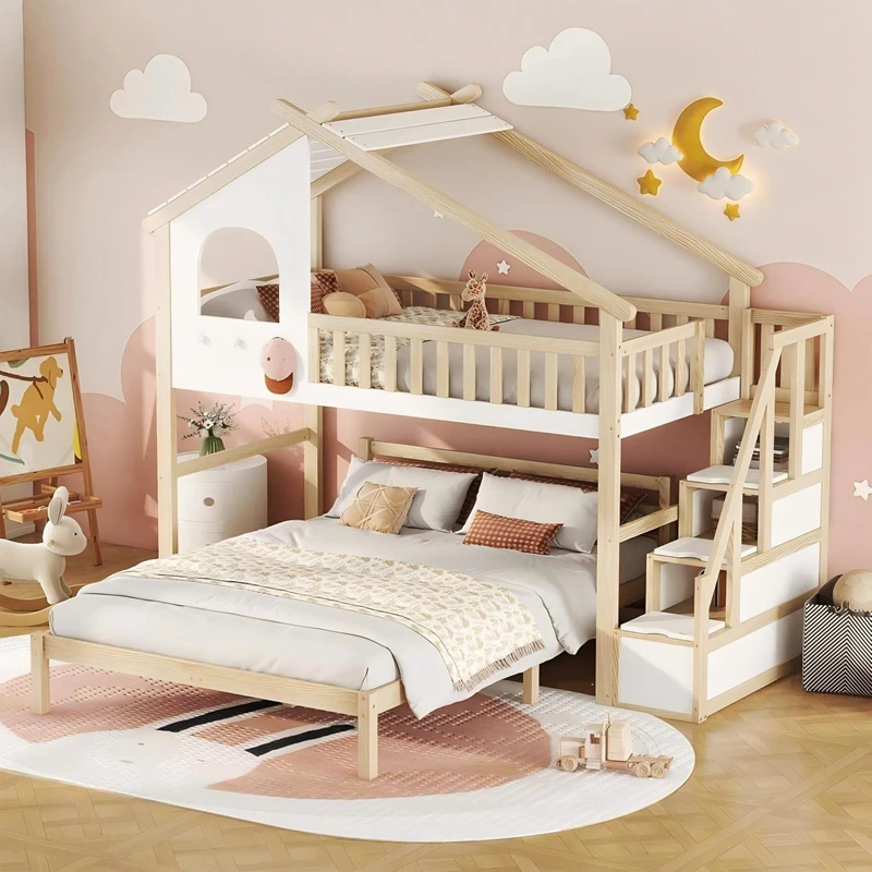 House-Shaped Pine Wood Kids Bunk Bed &ndash; Montessori Style Twin Platform Bed
