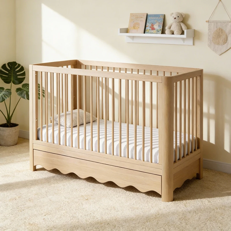 Modern Solid Wood Baby Cot with Adjustable Height & Convertible Design
