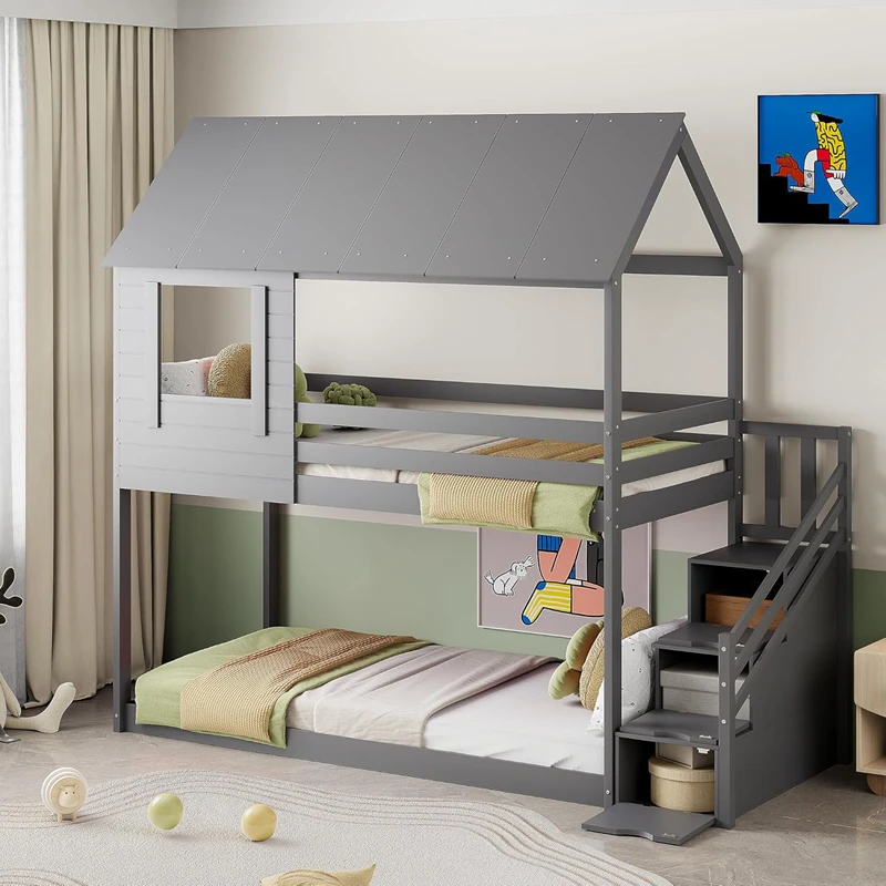 House-Shaped Pine Wood Kids Bunk Bed &ndash; Montessori Style Twin Platform Bed