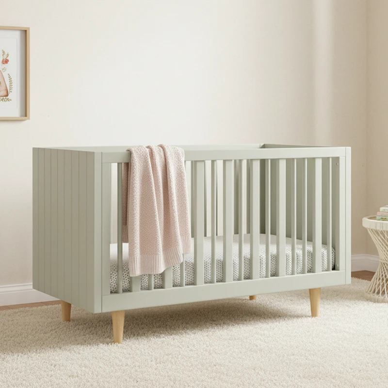 Modern Solid Wood Baby Cot with Adjustable Height & Convertible Design