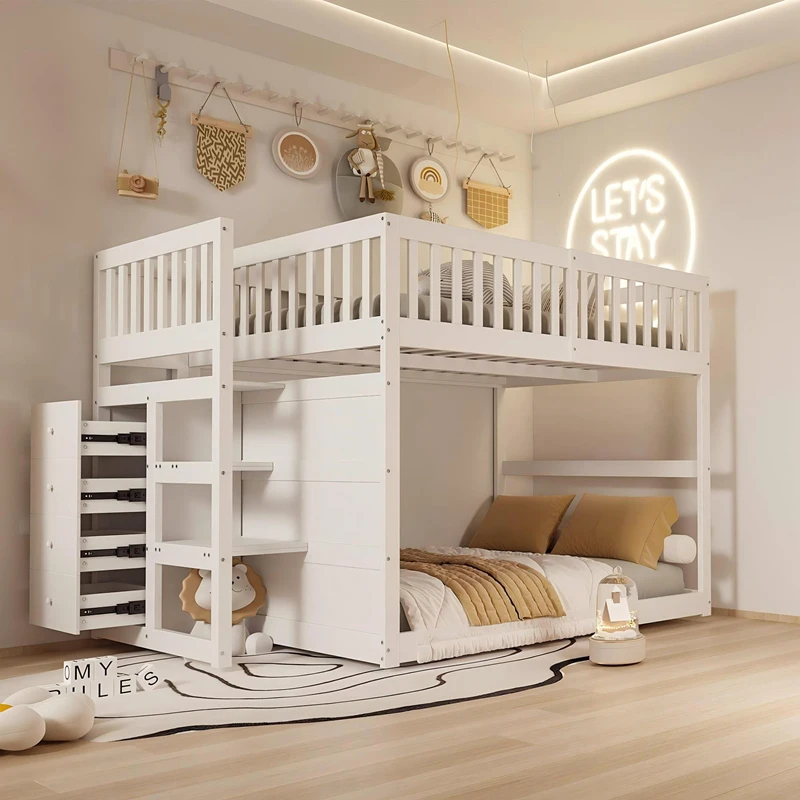 Solid Wood Bunk Bed with Storage Stairs for Kids | Twin over Twin