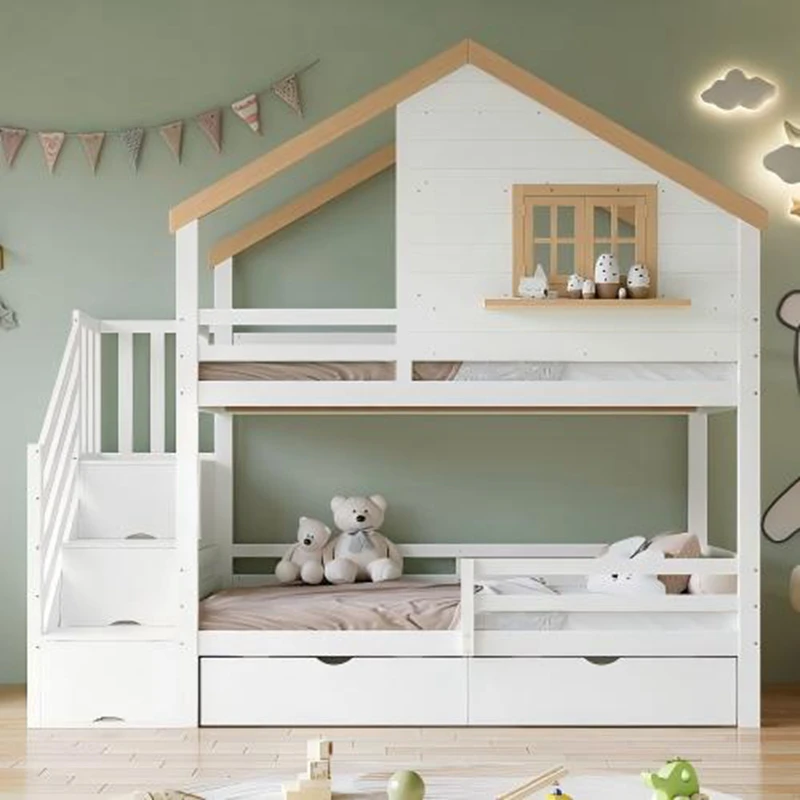 House-Shaped Pine Wood Kids Bunk Bed &ndash; Montessori Style Twin Platform Bed