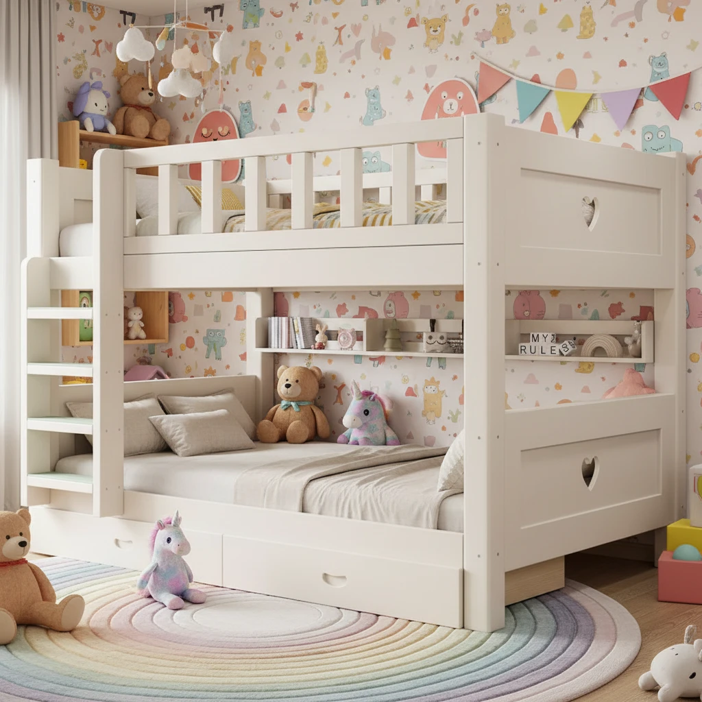 Modern Solid Wood Children&rsquo;s Double Bed with Ladder and Storage Function for Bedroom