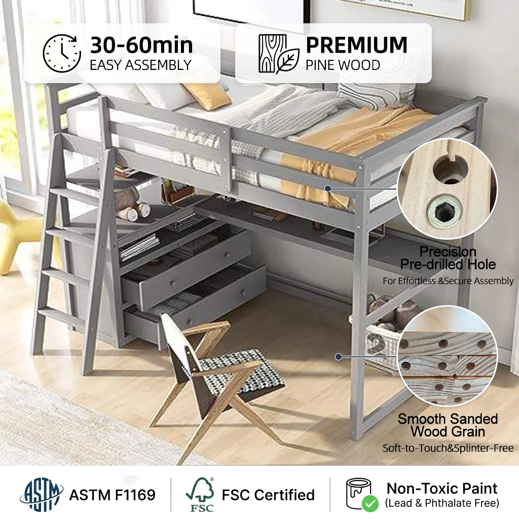 Double loft bed with storage drawers, shelves and long desk, solid pine bed frame