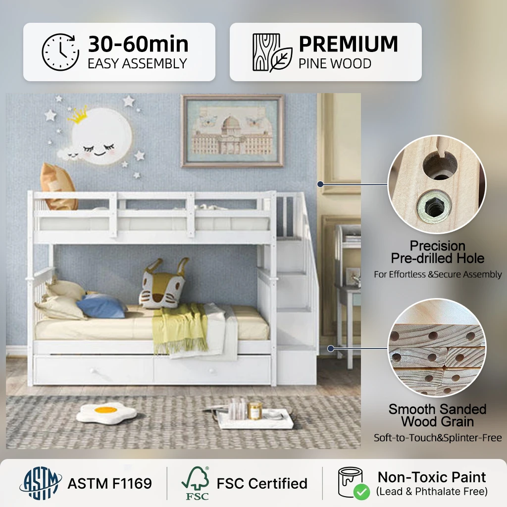 Premium Pine Wood Twin Over Full Bunk Bed with Storage Stairs & Drawers, Safety ASTM F1169 Certified