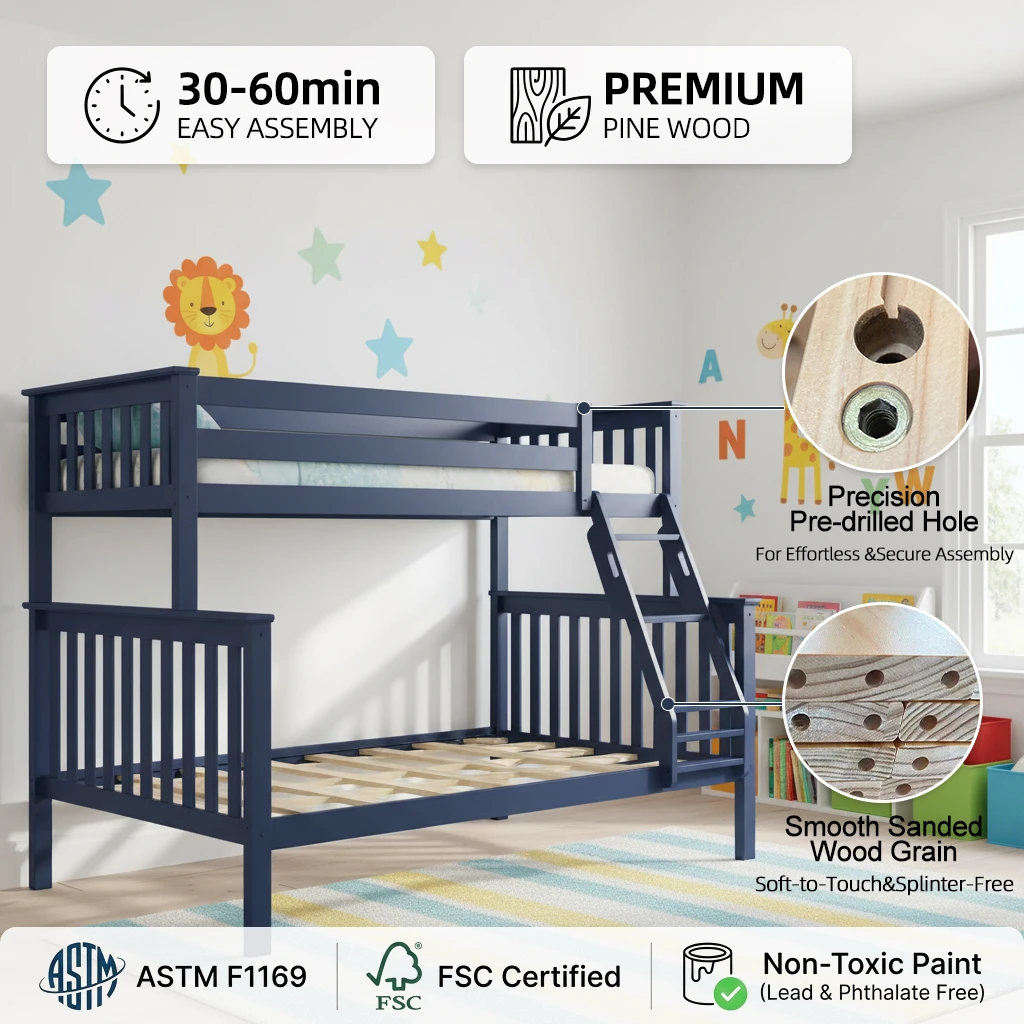 Modern Solid Pine Bunk Bed Equipped With Storage, Support Color Customization, MOQ 30