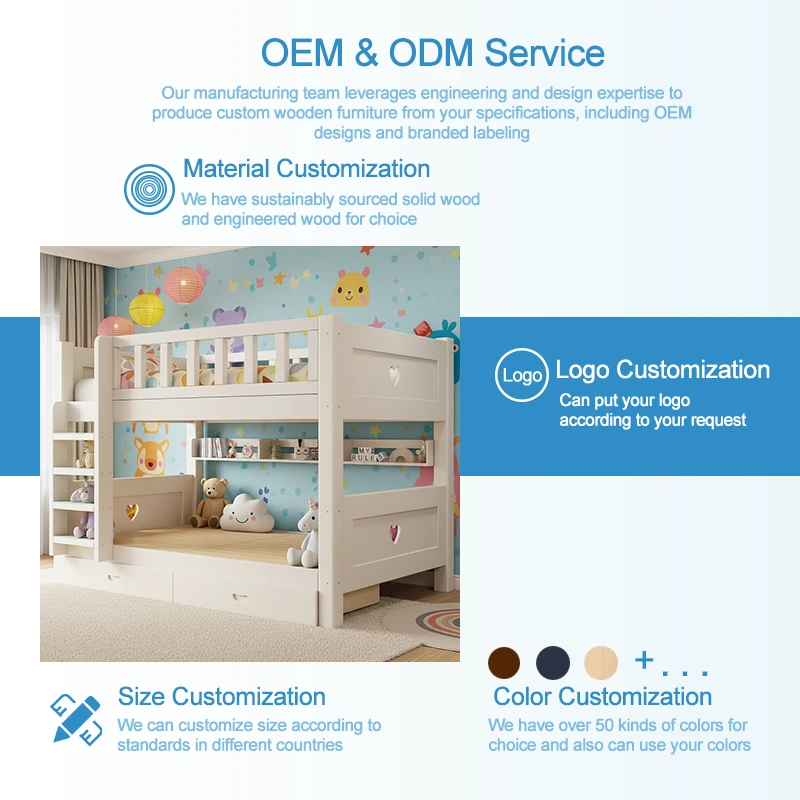 Modern Solid Wood Children&rsquo;s Double Bed with Ladder and Storage Function for Bedroom