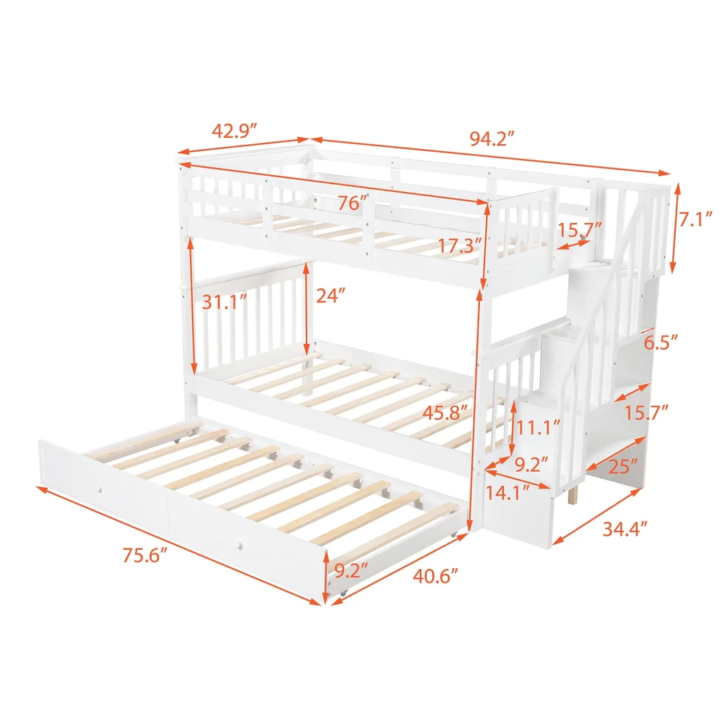 Premium Pine Wood Twin Over Full Bunk Bed with Storage Stairs & Drawers, Safety ASTM F1169 Certified