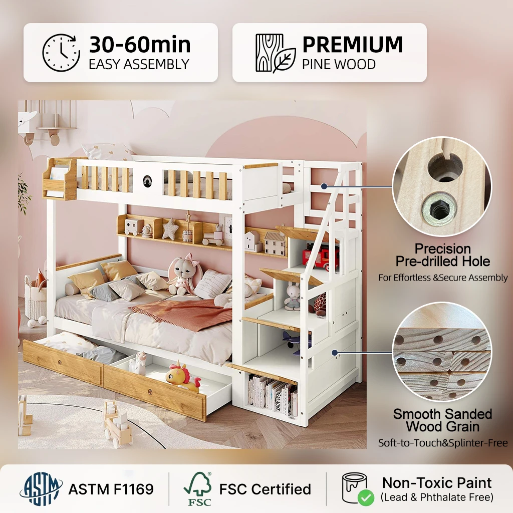 Wood Bunk Bed with Storage Stairs, Drawers & Side Shelves, Twin Over Twin Kids Bunk Bed