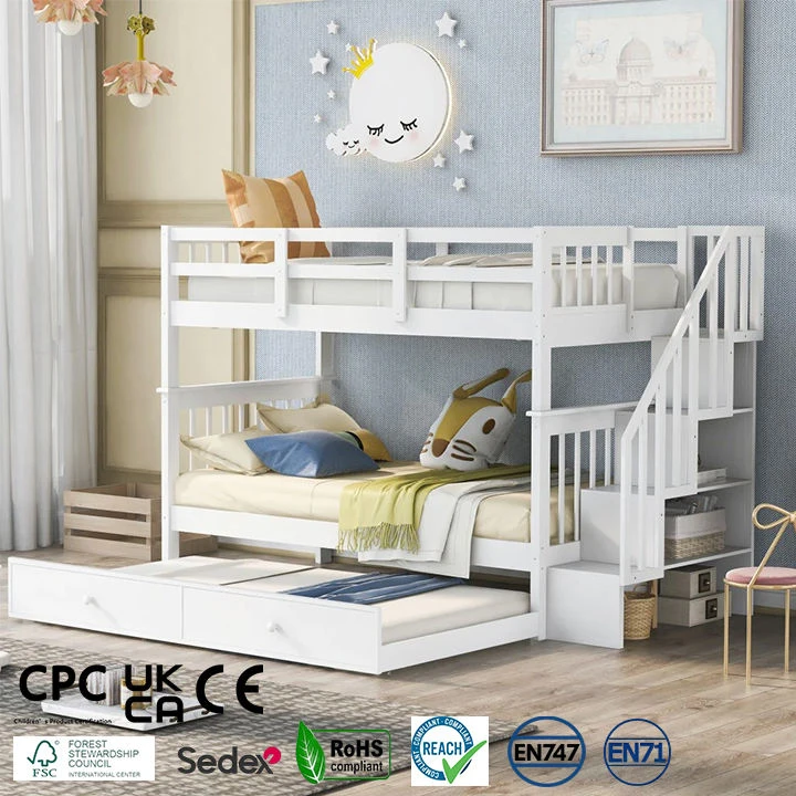 Premium Pine Wood Twin Over Full Bunk Bed with Storage Stairs & Drawers, Safety ASTM F1169 Certified