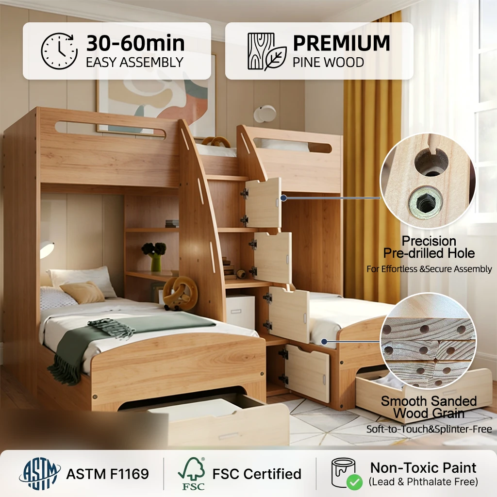 Modern Triple Bunk Bed for Kids, White & Oak Finished Wooden Bed with Storage, Factory Mass Producti