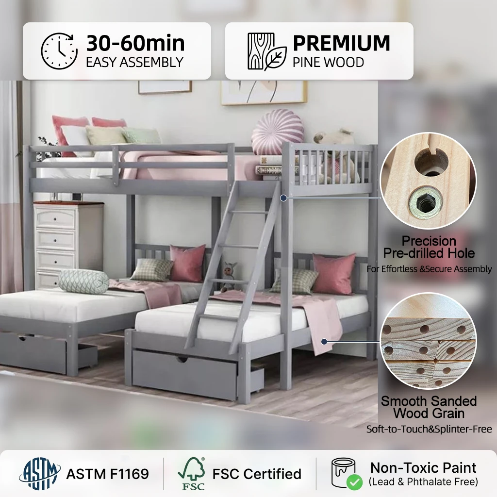 Modern Wood Convertible Bunk Bed, Twin Over Twin Design with Collapsible Ladder and Removable Platfo