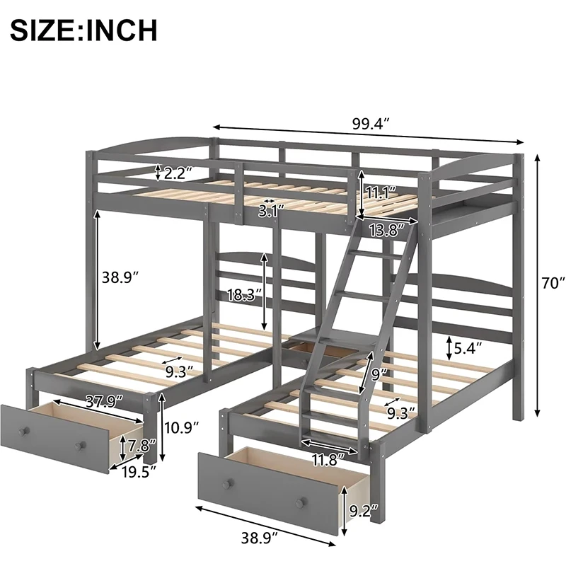 Modern Wood Convertible Bunk Bed, Twin Over Twin Design with Collapsible Ladder and Removable Platfo