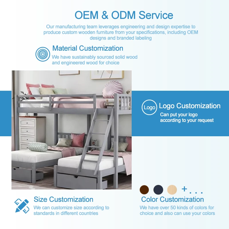 Modern Wood Convertible Bunk Bed, Twin Over Twin Design with Collapsible Ladder and Removable Platfo