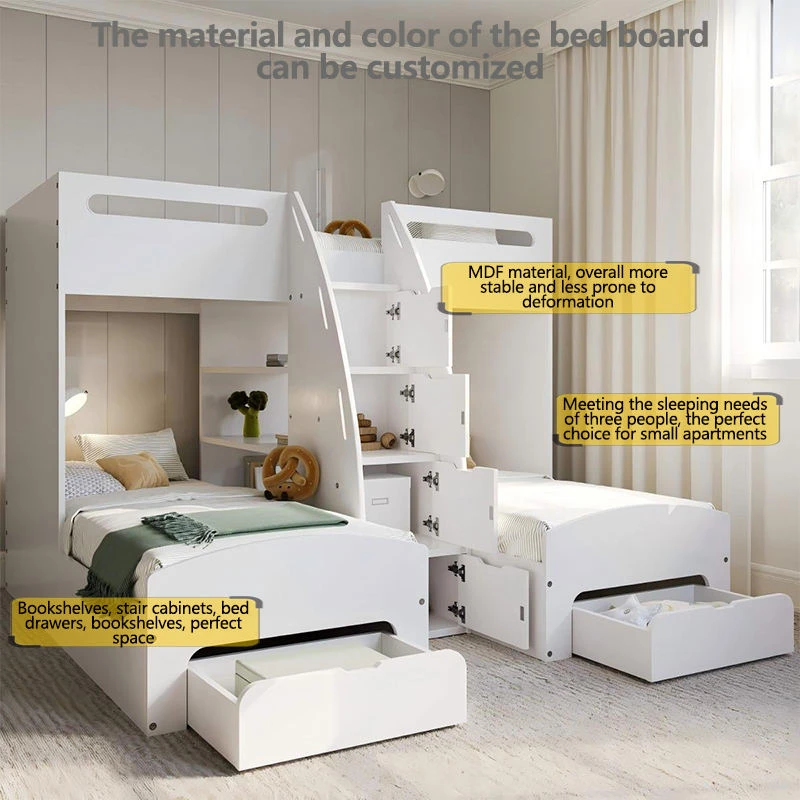 Modern Triple Bunk Bed for Kids, White & Oak Finished Wooden Bed with Storage, Factory Mass Producti