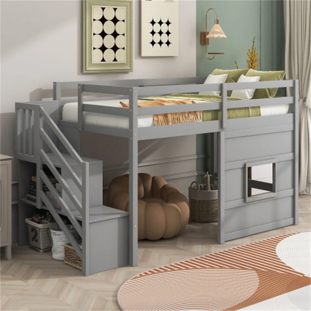 European-Style Solid Wood Kids Bunk Bed, Twin Size Loft Bed with Stairs, Storage and Window