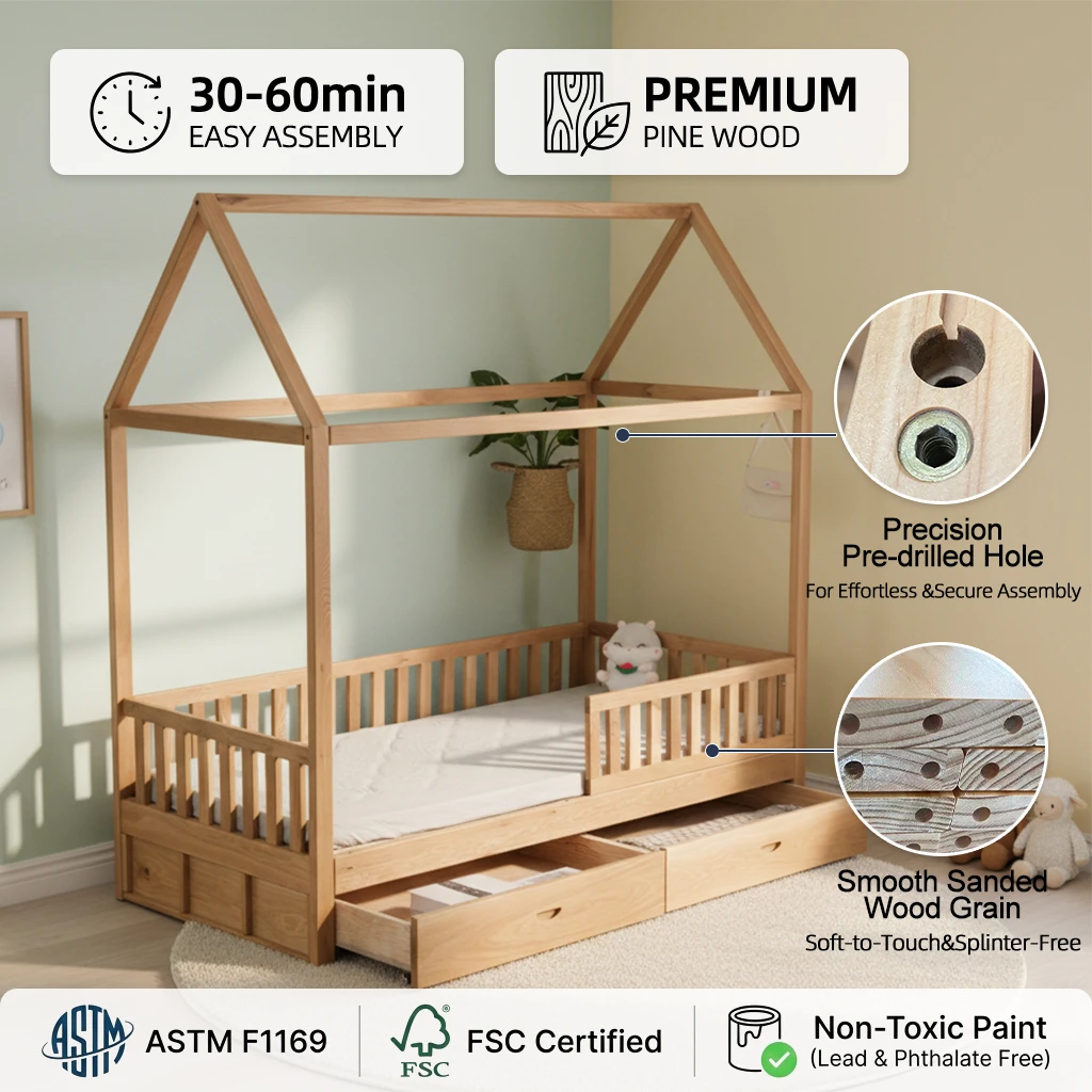 Farmhouse Style Kids Solid Wood Bunk Bed with Storage Drawers and Safety Guardrails