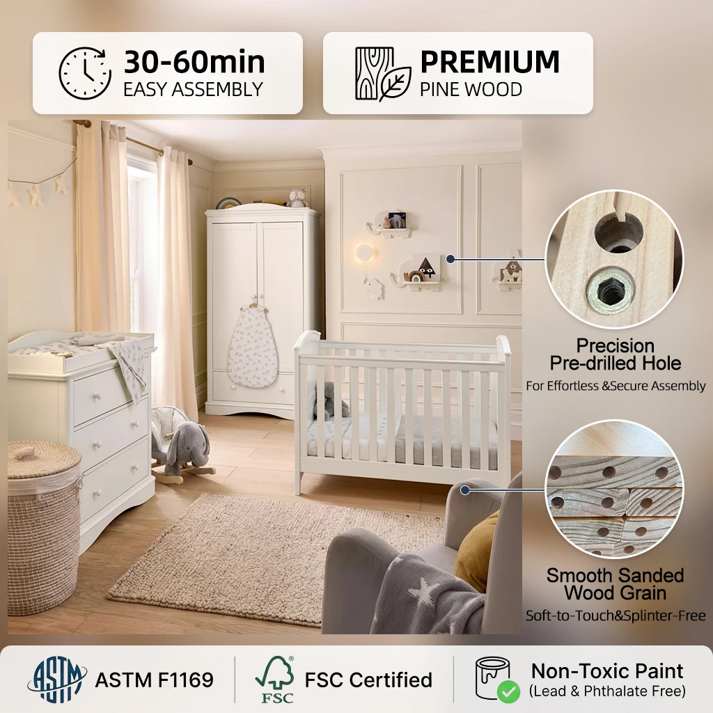 3 Piece Modern Small Cotbed Range Kids Furniture Set Pine Baby Crib