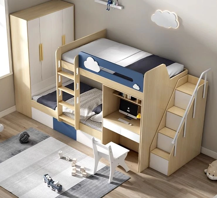 Contemporary Wooden Kids Loft Bed, High-Quality Space-Saving Bedroom Furniture Set for Home & School