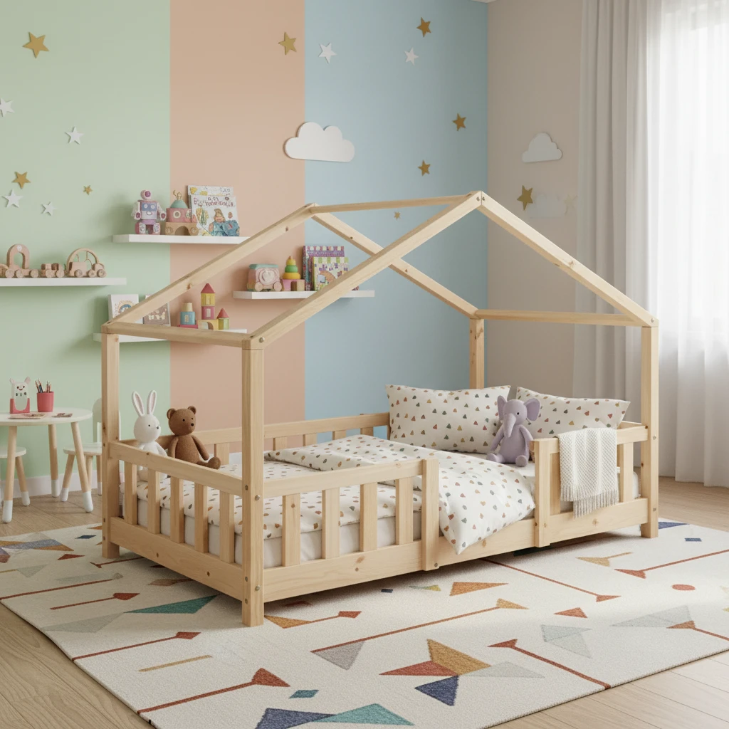 Kids&rsquo; Traditional Solid Wood Bed with Safety Railings, 80x160cm Children&rsquo;s Bedroom Furniture