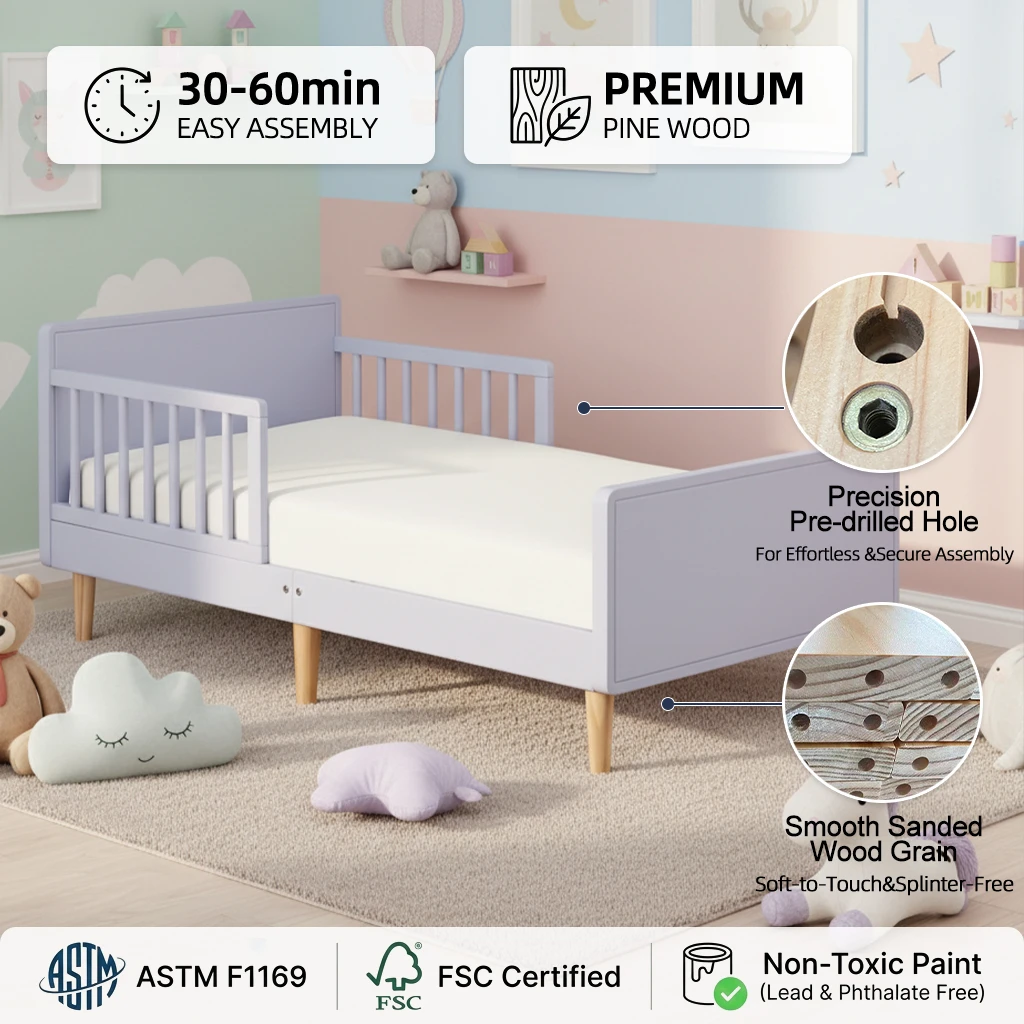 Modern Pine Toddler Kids Bed, Lavender Sky Gold Themed Cama with Built-In Safety Rails and Lightweig