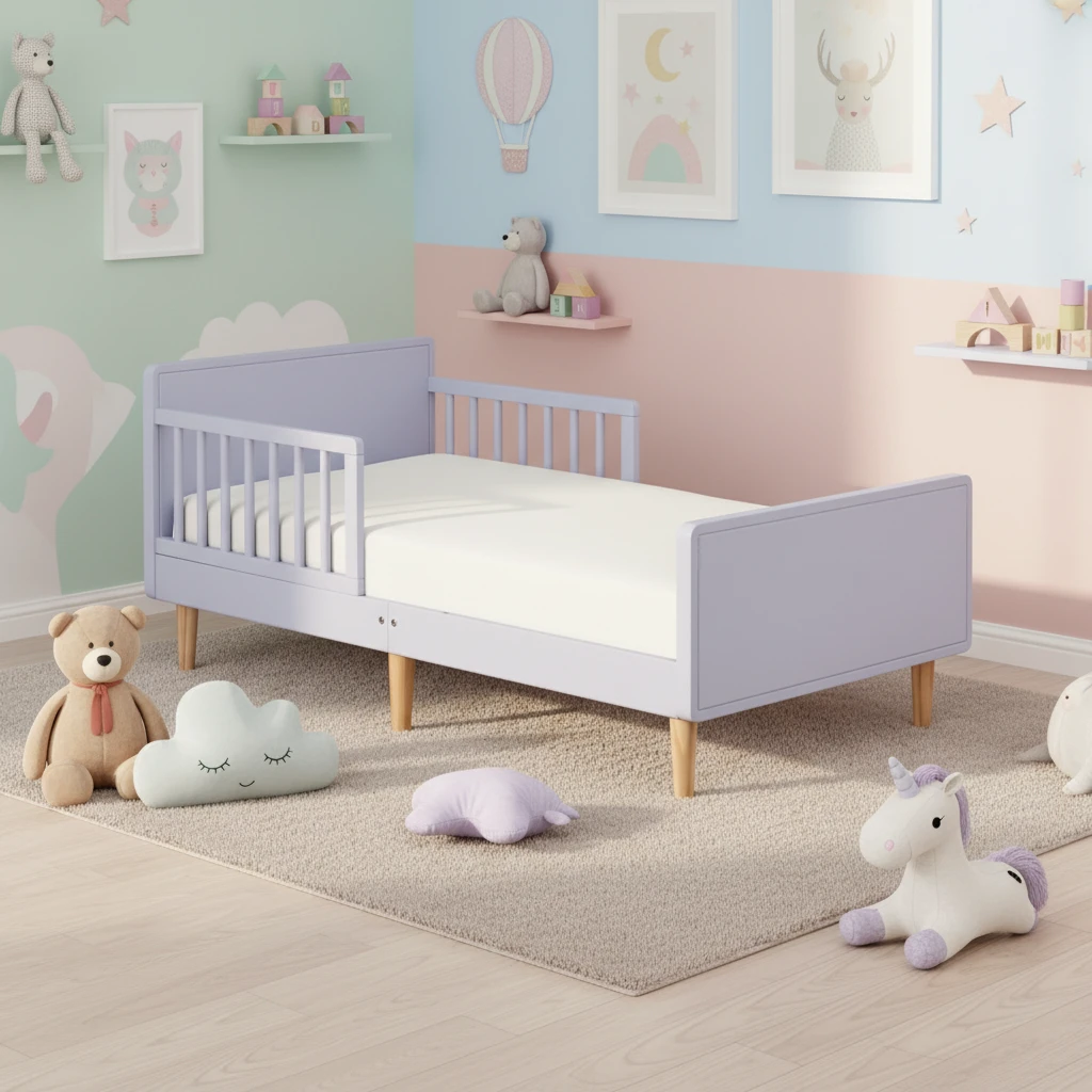 Modern Pine Toddler Kids Bed, Lavender Sky Gold Themed Cama with Built-In Safety Rails and Lightweig