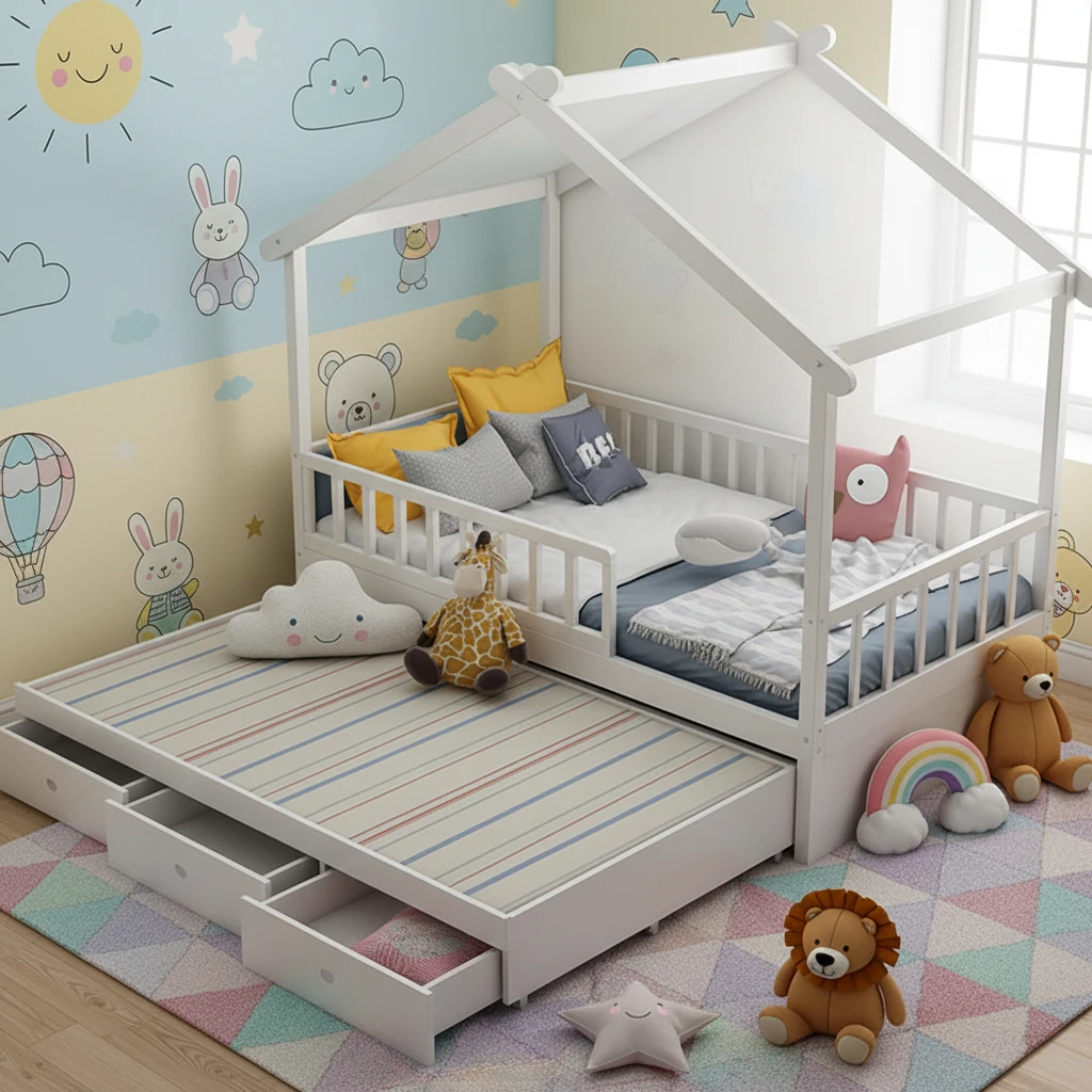 Wholesale ODM/OEM Contemporary Wooden Montessori Kids Bedroom Furniture Set, Apartment-Style House B
