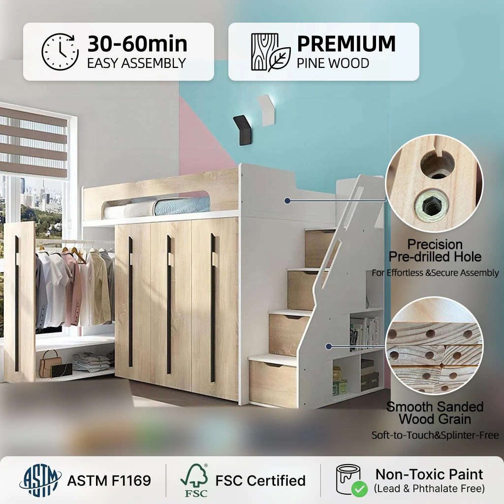 New Multi-Functional Wooden Kids Loft Bed, Space-Saving Children&rsquo;s Bedroom Furniture Set with Storag