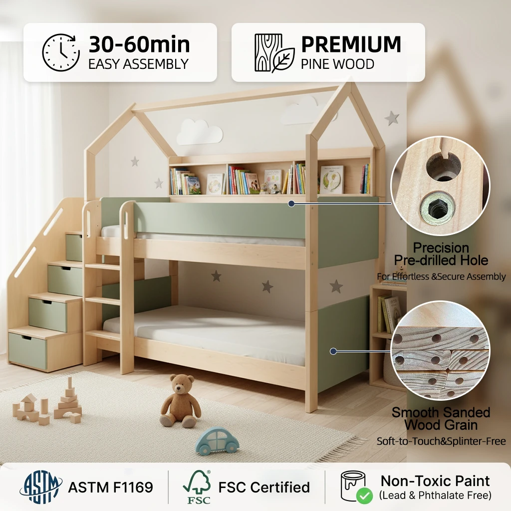 Modern House-Shaped Children&rsquo;s Wooden Bed, Multi-Functional with Side Ladder Cabinet, Available in V
