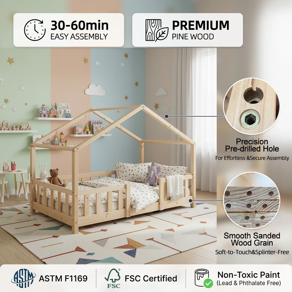 Kids&rsquo; Traditional Solid Wood Bed with Safety Railings, 80x160cm Children&rsquo;s Bedroom Furniture