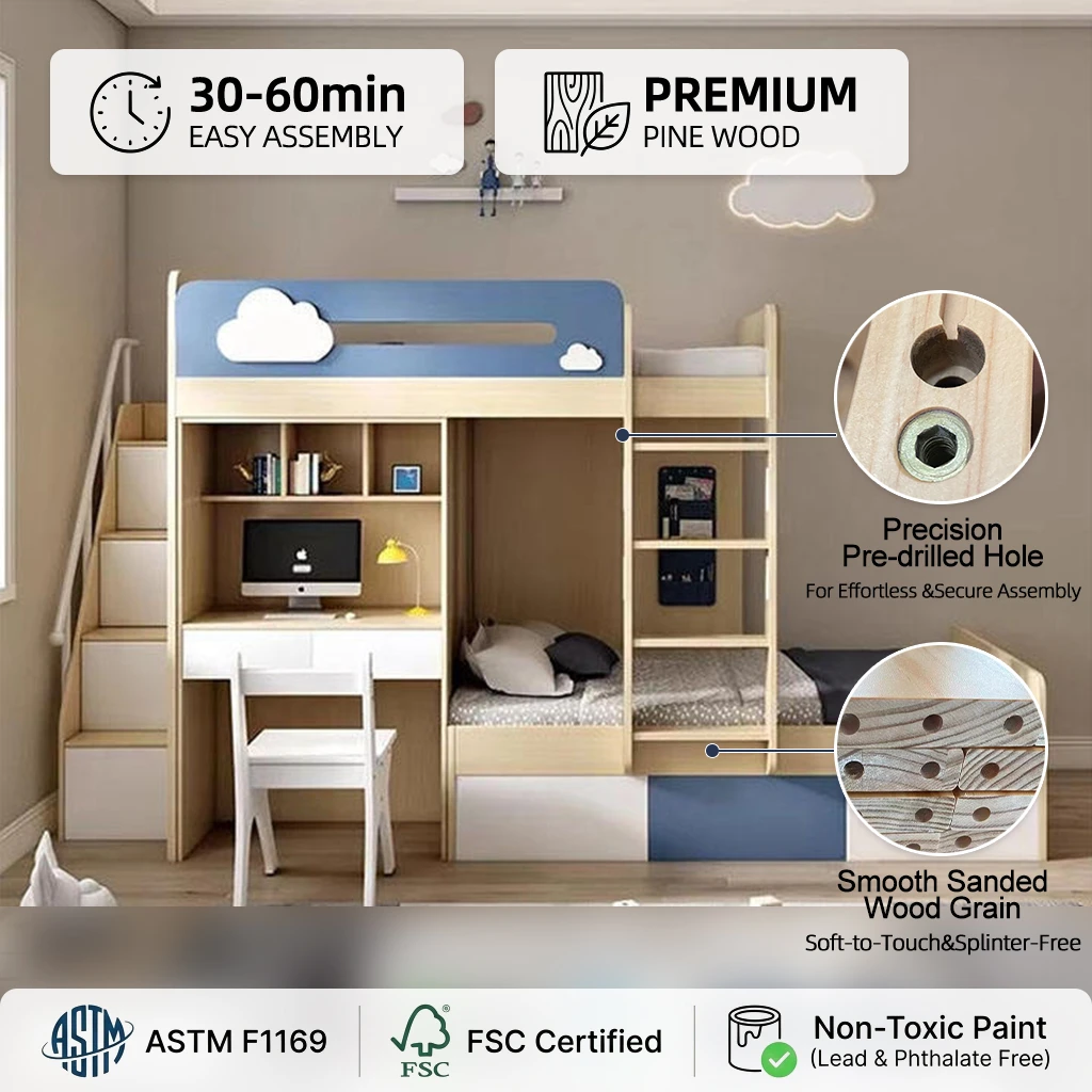 Contemporary Wooden Kids Loft Bed, High-Quality Space-Saving Bedroom Furniture Set for Home & School