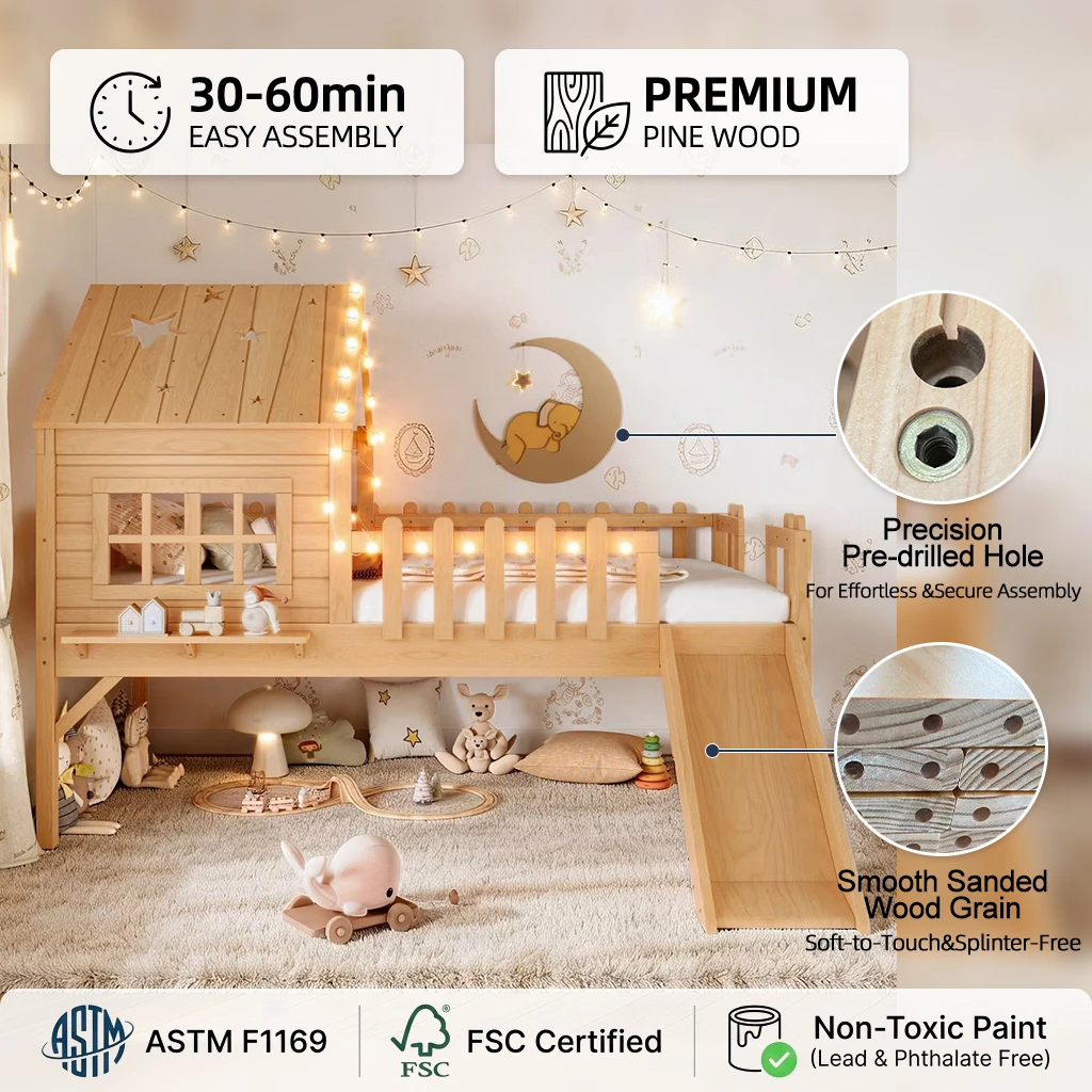 Modern Solid Wood Kids Recliner with Slide, LED Lights and Safety Railings, Eco-Friendly Design with