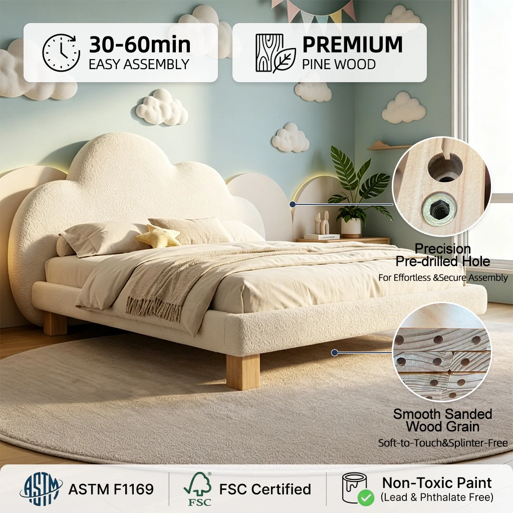 Modern Simple Cloud Shape Solid Wood Kids Daybed, Eco-Friendly Soft Leather Upholstered Bed