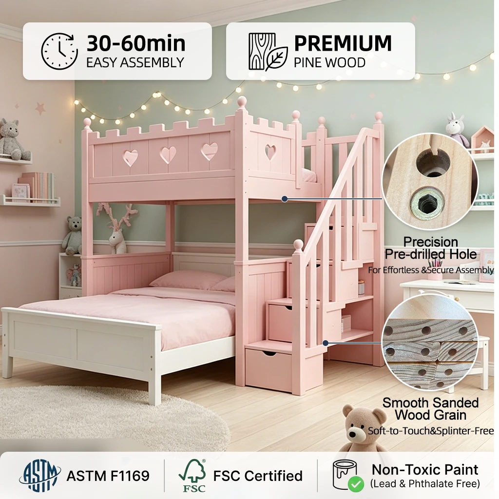 Pink Princess Castle Solid Wood Bunk Bed with Storage Stairs, Space-Saving Fairy Tale Bed for Girls