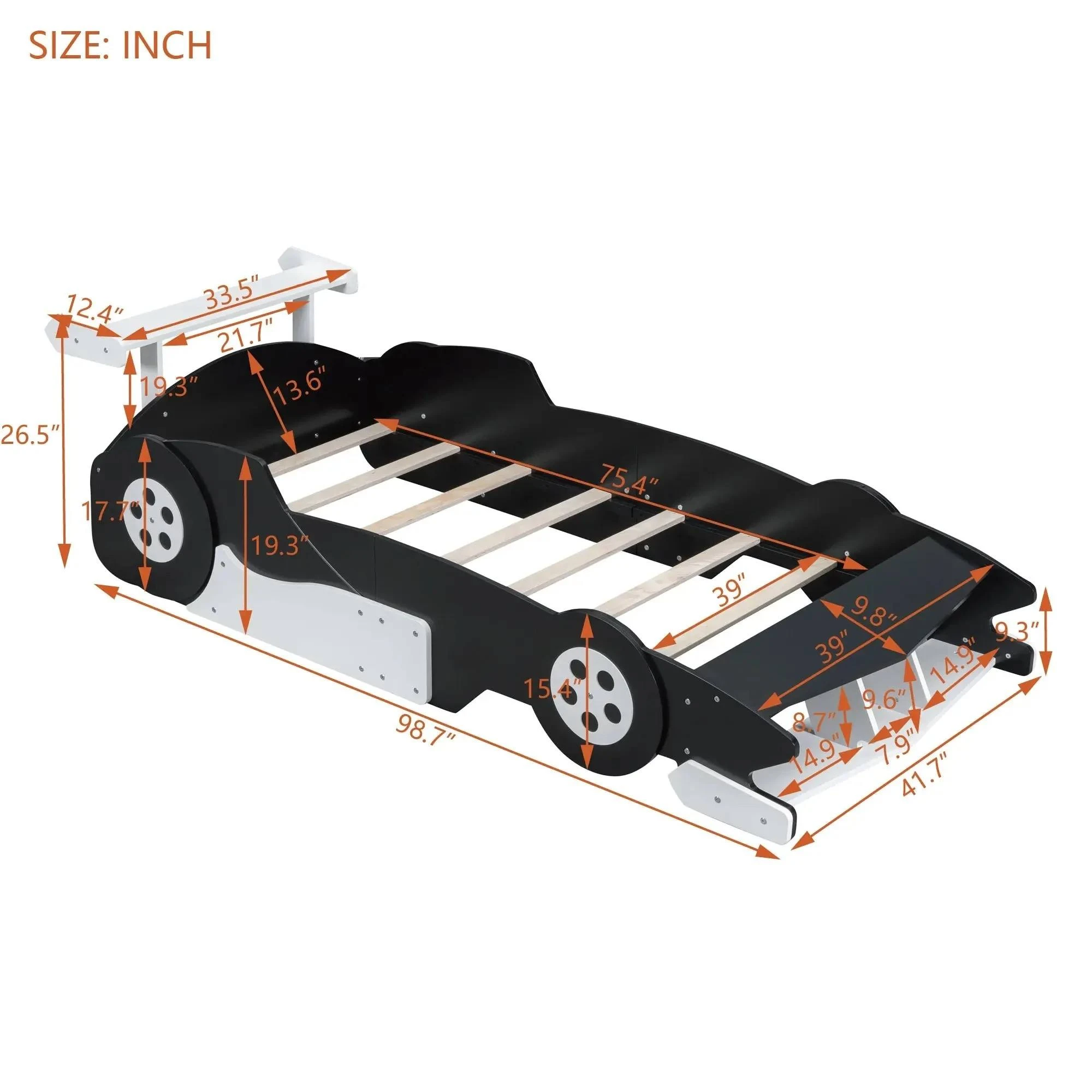 Modern Eco-Friendly Wooden Race Car Bed, Kids Race Car Shaped Daybed with Storage and Movable Wheels