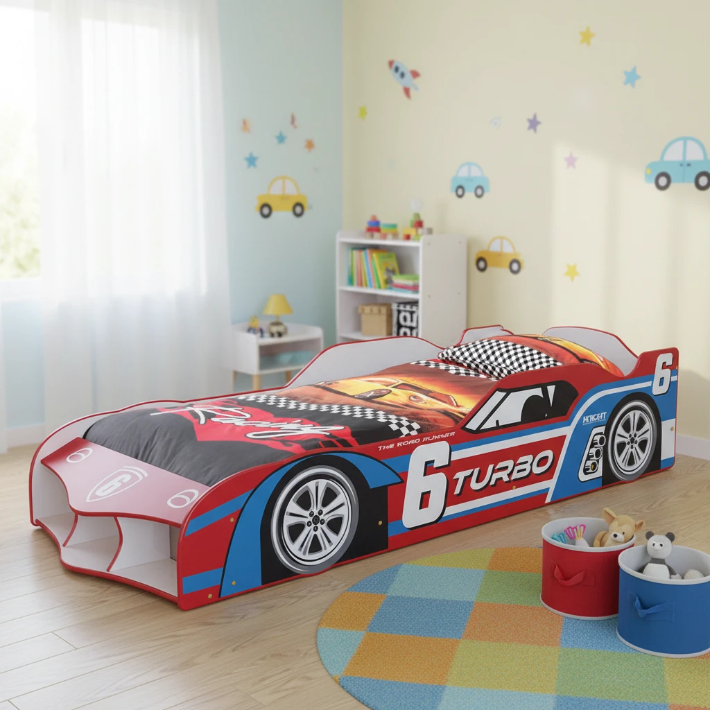 Race Car Shaped Wooden Daybed, Eco-Friendly Kids Bed with Storage and Movable Wheels for 3+ Years Ol