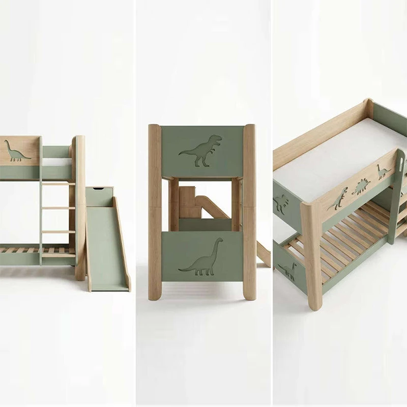 Dinosaur Themed Solid Wood Bunk Bed, Modern Eco-Friendly Kids Bunk Bed with Slide and Storage for Ag