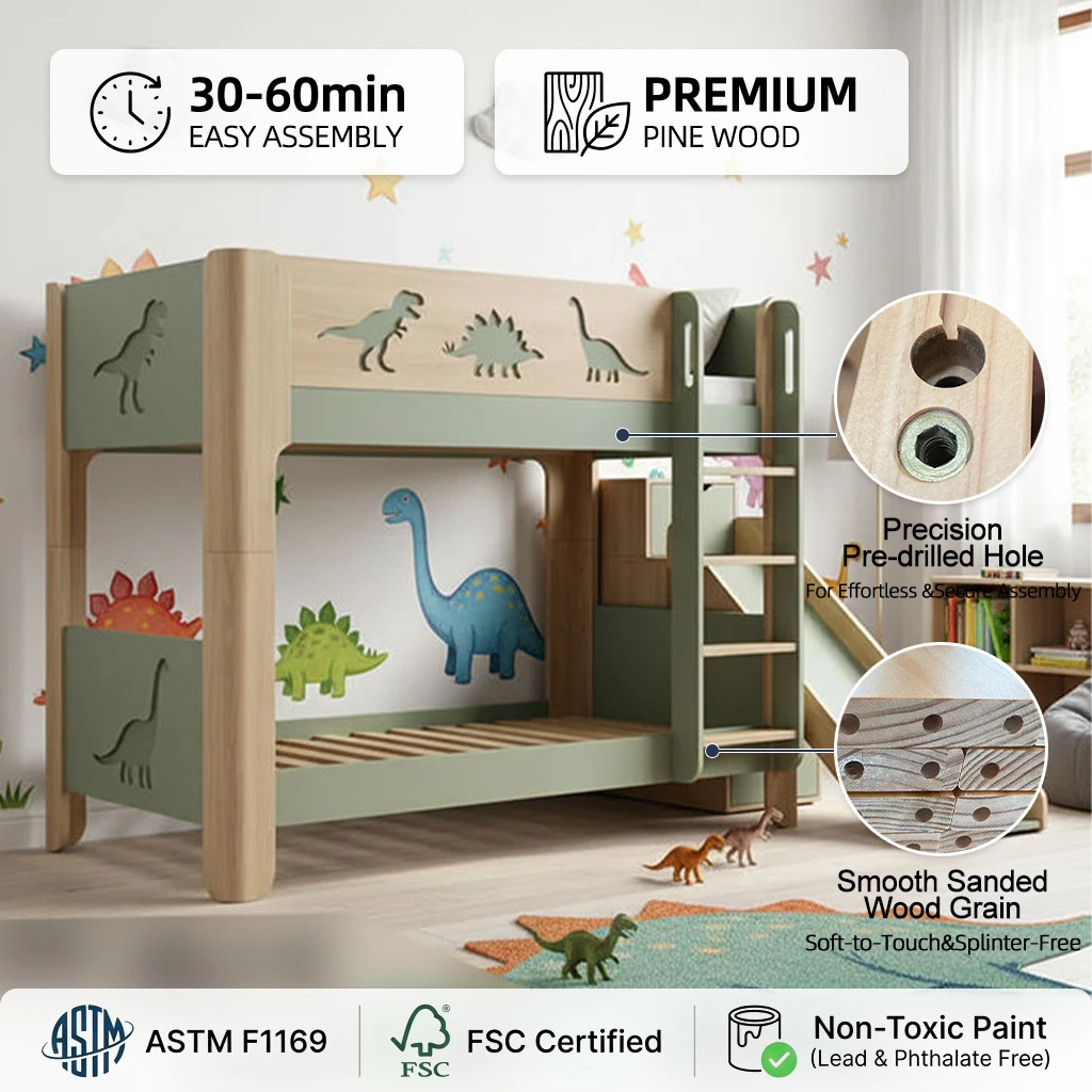 Dinosaur Themed Solid Wood Bunk Bed, Modern Eco-Friendly Kids Bunk Bed with Slide and Storage for Ag
