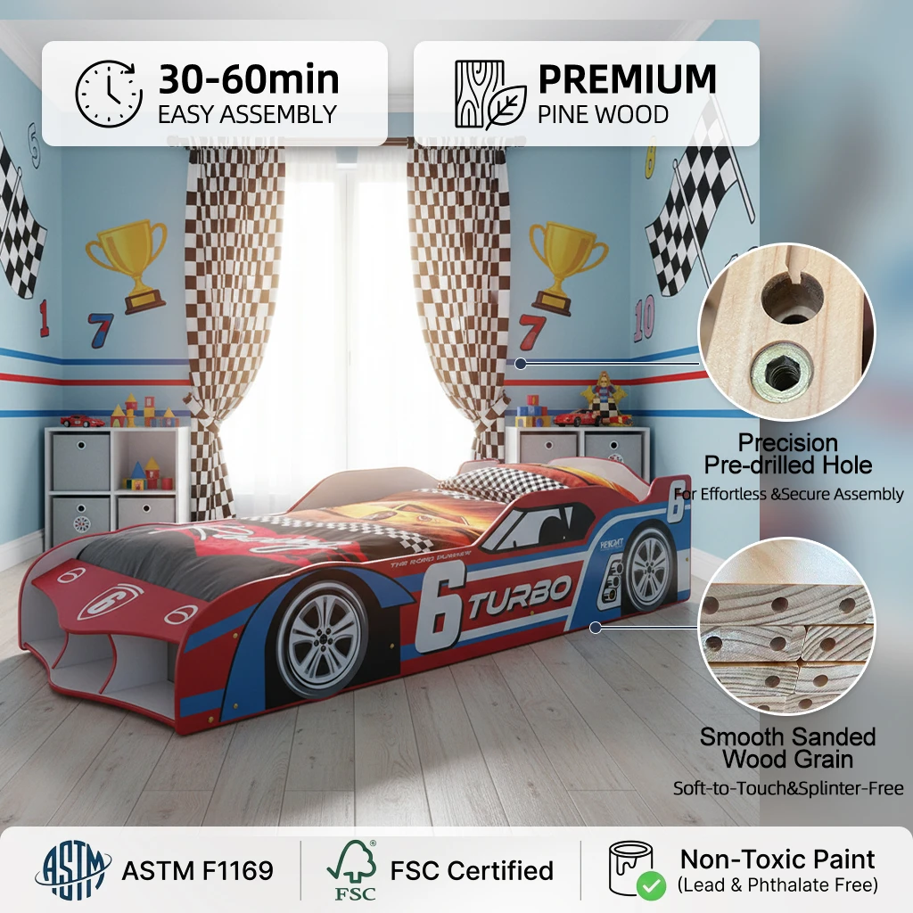 Race Car Shaped Wooden Daybed, Eco-Friendly Kids Bed with Storage and Movable Wheels for 3+ Years Ol