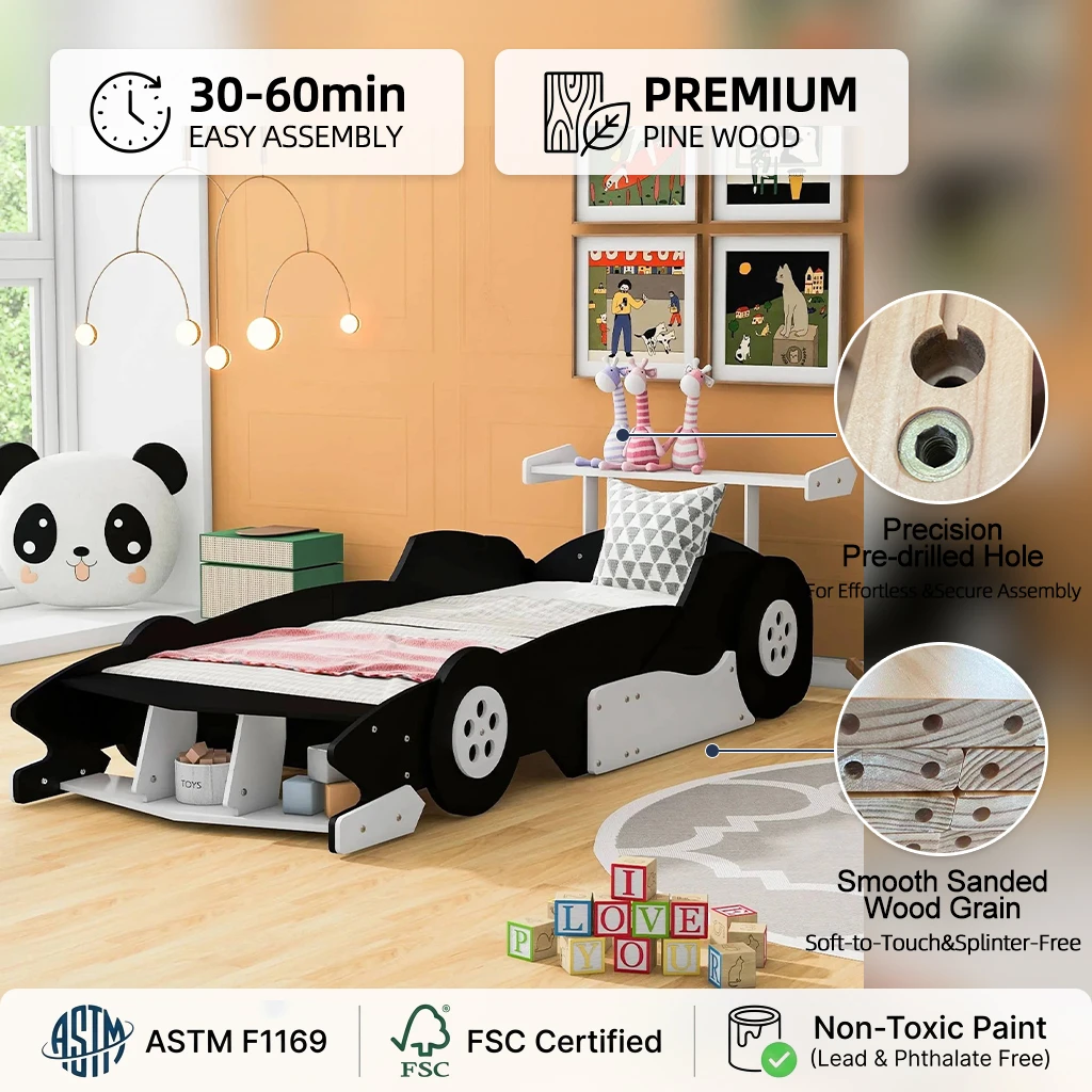 Modern Eco-Friendly Wooden Race Car Bed, Kids Race Car Shaped Daybed with Storage and Movable Wheels